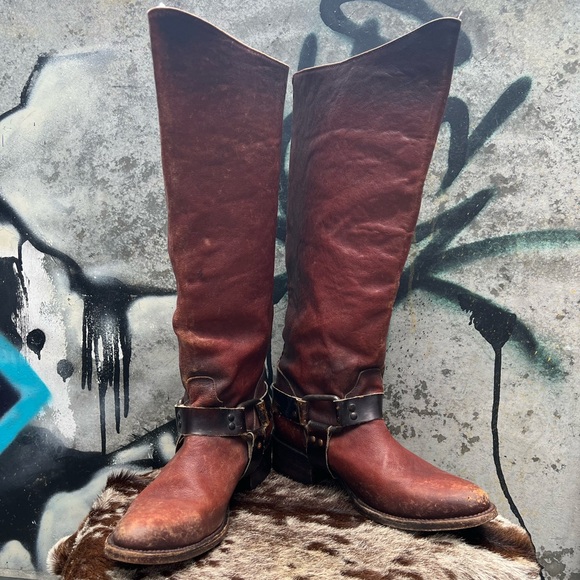 Freebird by Steven Shoes - FREEBIRD PHILLY Tall Harness Boots in Distressed Rust Cowgirl